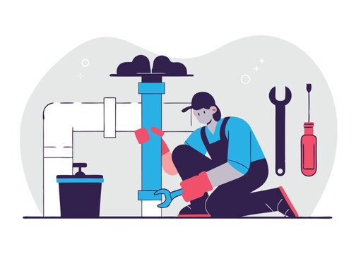 Happy Labor Day. Plumber Repairs Leaking Pipe, Tools and Wrench work vector design