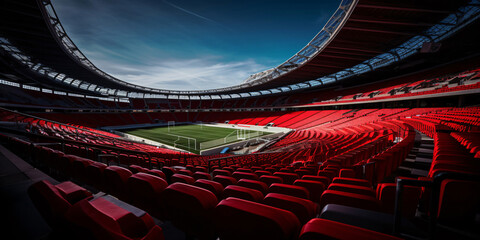 Naklejka premium Empty football stadium is ready for a football match. Concept of sport, competition, victory, action and movement.