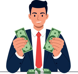 Professional man holding cash in hands with suit and tie, flat vector illustration