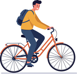 Naklejka premium Person riding a bicycle in a flat style with cheerful expression and backpack in vibrant vector art
