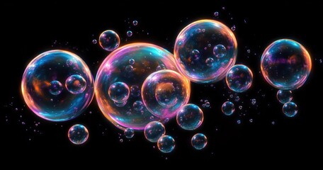 Floating Bubbles Dream in Dark Space with Colorful Reflections and Soft Lighting