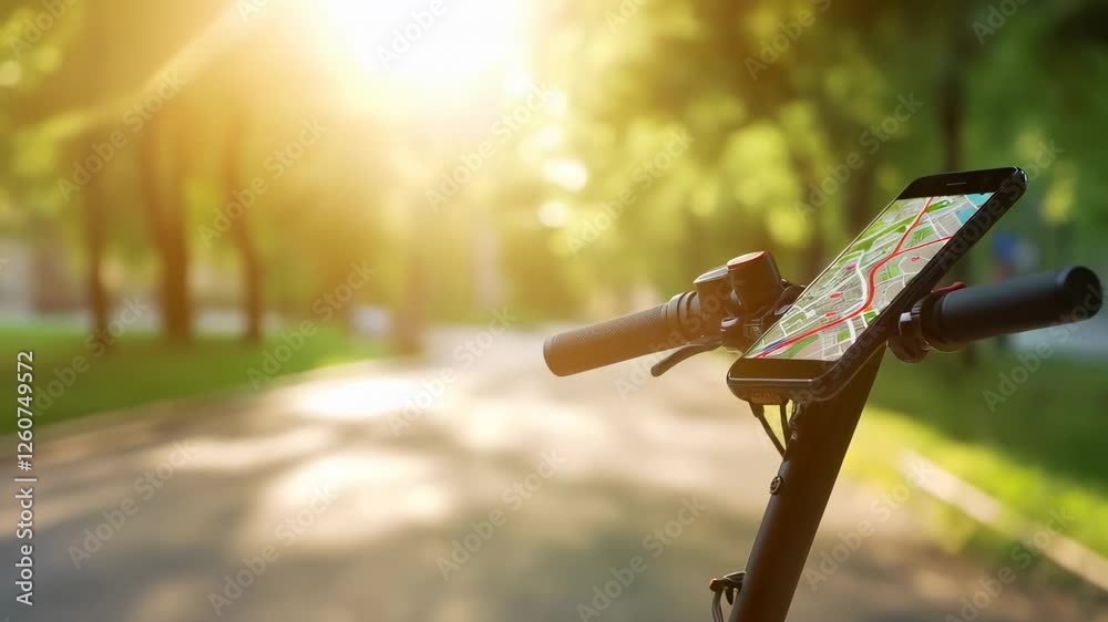 Aufkleber Smartphone displaying navigation map attached to electric scooter handlebars in a slow motion sequence, with blurred park background and warm sunlight