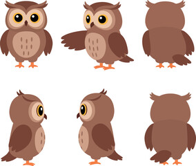 Fototapeta premium Cute owl character design in flat style showcasing multiple angles and poses in vibrant vector art
