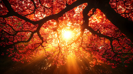 Sunlight shining through vibrant red canopy creating a celestial spectacle
