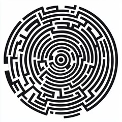 Minimalistic Maze Design with Circular Patterns and Geometric Shapes in Black and White