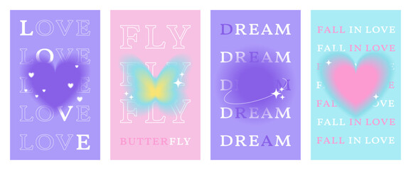Modern posters, aesthetic backgrounds with typography, soft glowing elements  in pastel gradient colors. Aura hearts, butterfly, planet with blurry effect wallpaper, cover.