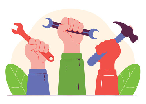 Solidarity. Labor Day, Workers' Rights, Unity, Power fist union fists tools     