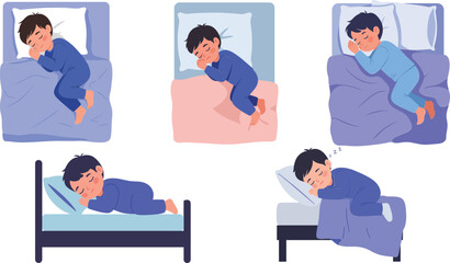 Child sleeping in various positions with flat design style showcasing movement in vector illustration