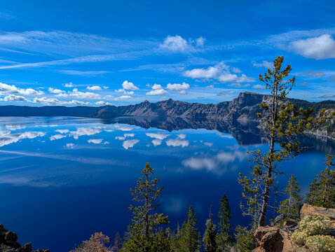 deep blue crater lake scenes on sunny day in october