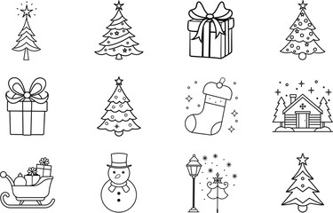 Christmas Icons Trees, Gifts, Snowman, Winter, Holiday Decorations