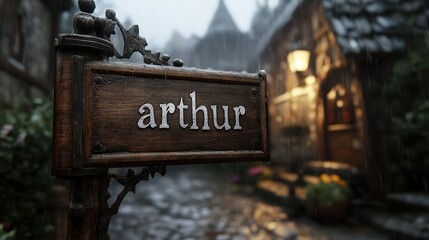 Obraz premium A Rustic Wooden Sign Featuring the Inscribed Name, Set Against a Charming Cobblestone Street Scene in a Quaint Medieval-Inspired Village