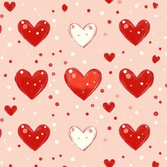 Red Hearts and White Polka Dots on Soft Pink Background Pattern