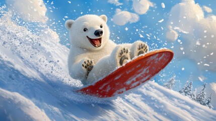 Fototapeta premium Joyful polar bear sledding down snowy hill under bright blue sky