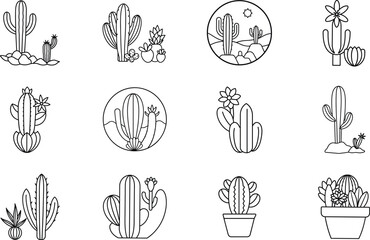 Cactus Icons Desert Plants, Line Art, Botanical Illustrations