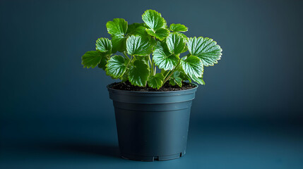 Vibrant strawberry plant in a pot against a simple background