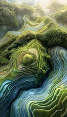 Aerial view of glowing rice terraces cascading down lush hillsides, cinematic symmetry