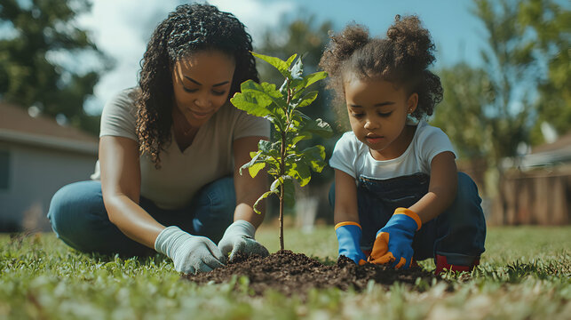 A heartwarming scene of a mother and daughter planting a young tree