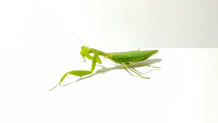 Green praying mantis facing the camera running on a white background