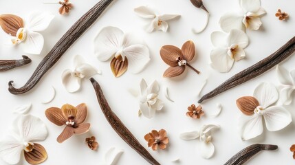 Vanilla orchid arrangement on white background