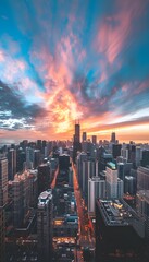 Fototapeta premium Retro-futuristic cityscape at sunset, neon lights reflecting on glossy skyscrapers, vibrant magenta and cyan hues capturing nostalgic urban energy with cinematic framing