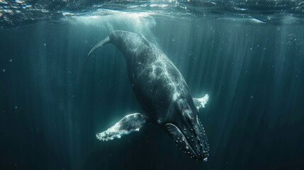 Fototapeta premium A humpback whale gliding through the deep blue ocean. The color palette is dark silver and light navy.