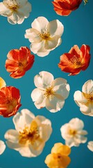 Vibrant Red, White, and Yellow Flowers Floating Against a Clear Blue Sky