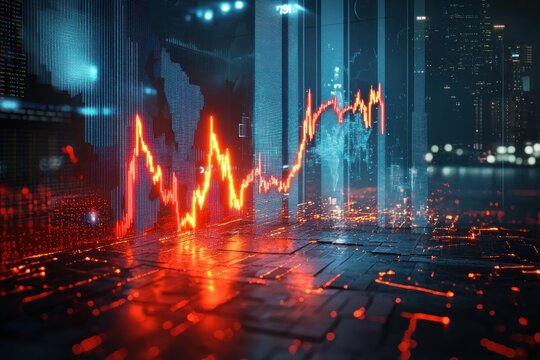 Stock Market Crash in a Cyberpunk World with Downward Trends and Shattered Glass Effects