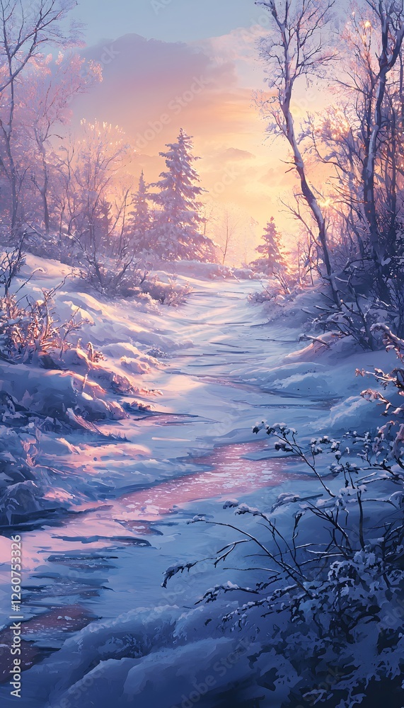 Poster expansive tundra glowing under soft twilight hues, intricate frozen textures creating dynamic cinema