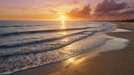 Obraz premium Arial view of beach with ocean waves at sunset
