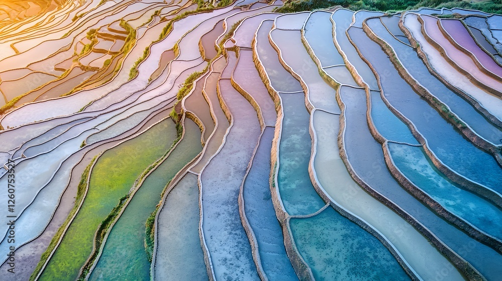 Aufkleber aerial view of colorful rice terraces glowing in warm light, symmetrical patterns creating cinematic