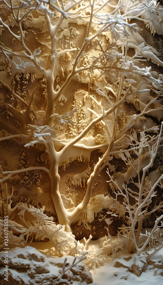 Aufkleber surreal snowy forest illuminated by soft golden light, intricate textures of snow-covered branches c
