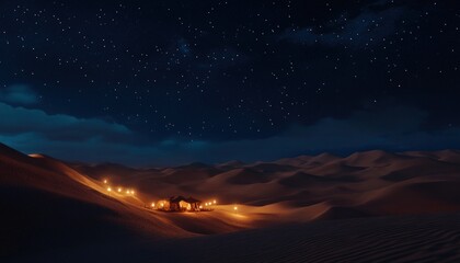 Dark desert landscape at night, with sand dunes stretching into the distance under a starry sky. A small village of warm toned buildings is nestled in a valley, illuminated by warm lights. The sky