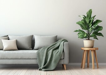 Minimalist Living Room with Cozy Gray Sofa Soft Green Blanket Stylish Potted Plant Natural Light Scandinavian Design