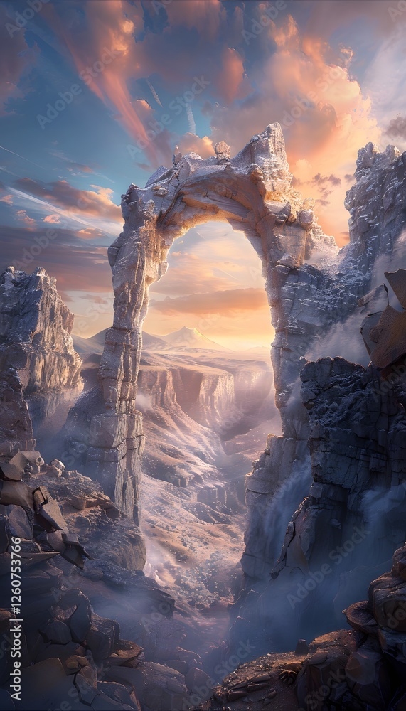 Poster hyper-realistic canyon glowing under pastel twilight skies, intricate rocky textures illuminated by 