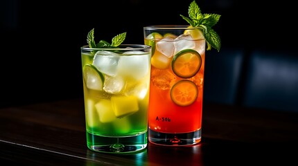 Fototapeta premium Close-up view of mojito cocktail in glasses on dark wooden table, cocktail drinks concept