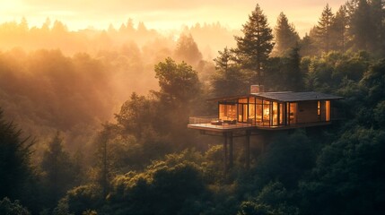 a modern house with large windows on the side of a hill covered in trees.