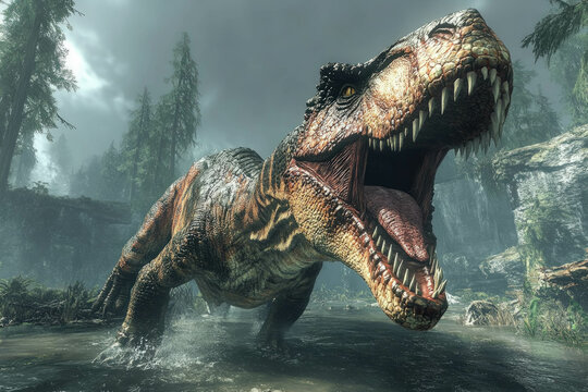 A Carcharodontosaurus Hunting In A Prehistoric Landscape, Sharp Teeth, Dramatic And Fierce