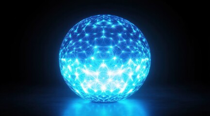 Blue Bioluminescent Sphere with Geometric Patterns and Chiaroscuro Lighting