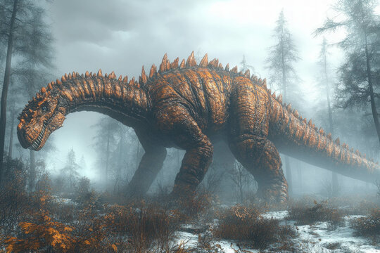 A Talarurus Dinosaur Grazing In A Prehistoric Forest, Detailed Armor Plates, Misty Environment