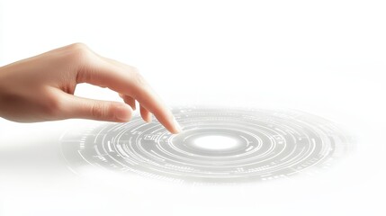 Human hand engaging with futuristic digital circle, seamless interaction with technology