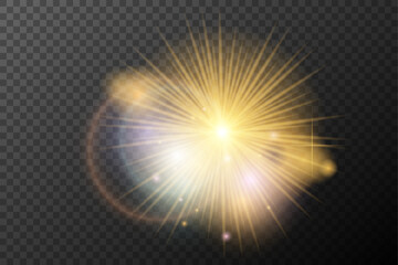 Light flash effect with flares and glow on a transparent background. Magical glow, shining light, star, optical flares for design, photomontage, New Year, and festive projects.