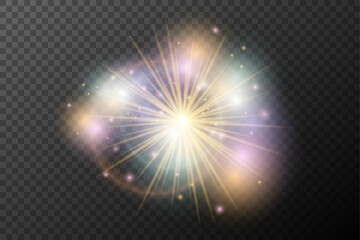 Naklejka premium Light flash effect with flares and glow on a transparent background. Magical glow, shining light, star, optical flares for design, photomontage, New Year, and festive projects.