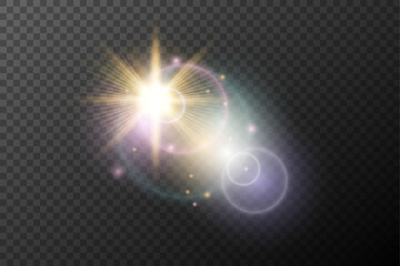 Light flash effect with flares and glow on a transparent background. Magical glow, shining light, star, optical flares for design, photomontage, New Year, and festive projects.