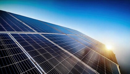 Obraz premium Solar panels capture sunlight during sunrise at a renewable energy site