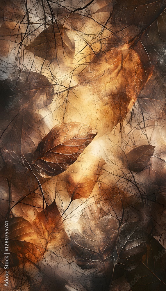 Poster close-up of glowing leaves in a dense forest illuminated by soft golden light, cinematic storytellin