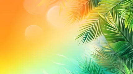 Obraz premium Vibrant palm leaf tree illuminated by sunlight against a clear sky with abstract grunge texture in orange, yellow, teal, green, blue tones. Tropical summer background for travel and design concepts.