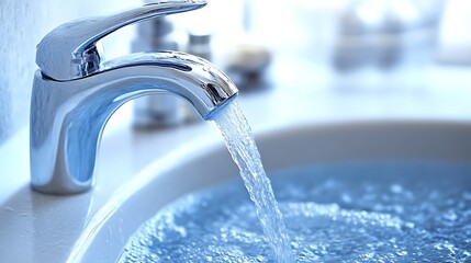 Chrome faucet pouring water into a basin