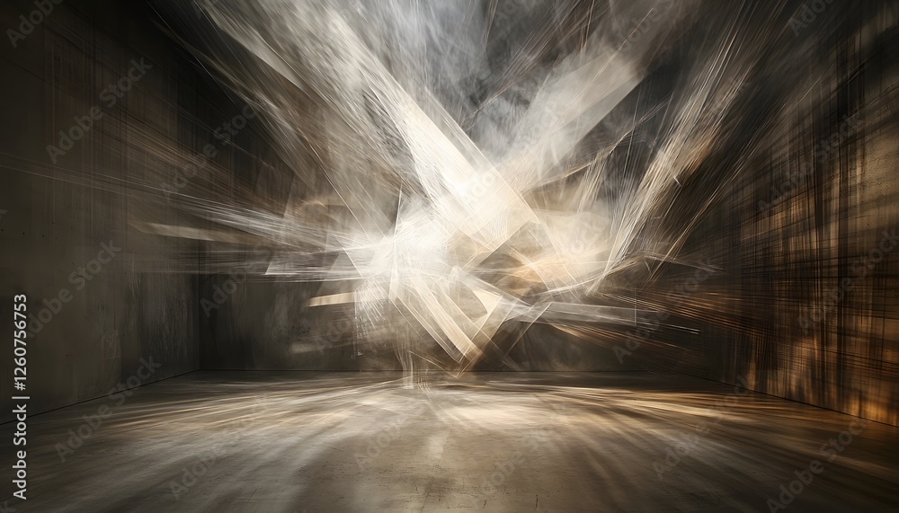 Poster abstract view of light trails forming intricate geometric shapes in a dark room, cinematic compositi
