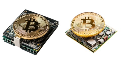 Bitcoin Cryptocurrency Coins on Computer Circuit Boards