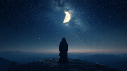 Fototapeta premium a Muslim Standing Alone Under a Cosmic Night Sky, Tears Falling as He Prays